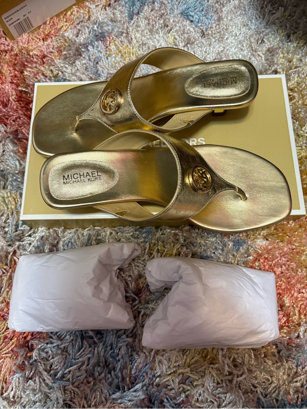 Michael Kors Metallic Gold Thong Sandals with Logo Medallion